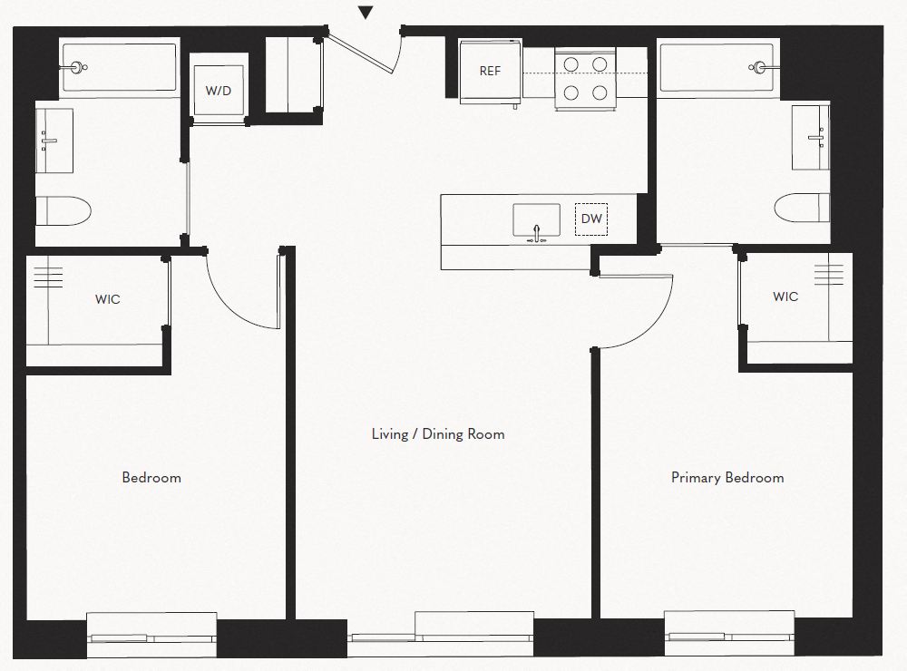 Floor plan for 2 beds, 2 baths, 944 sqft